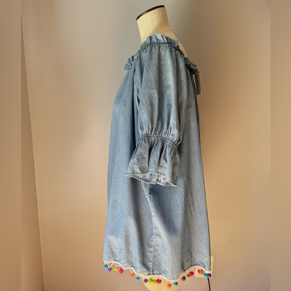 NWT Saks Fifth Avenue Chambray Mini Pom Pom Off-Shoulder Flounce Dress Size S - Picture 4 of 10